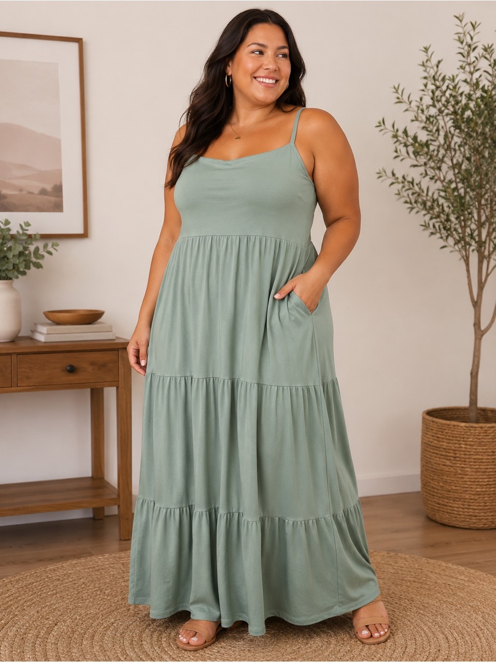 SO Sage Green Tiered Maxi Dress with Spaghetti Straps 2X